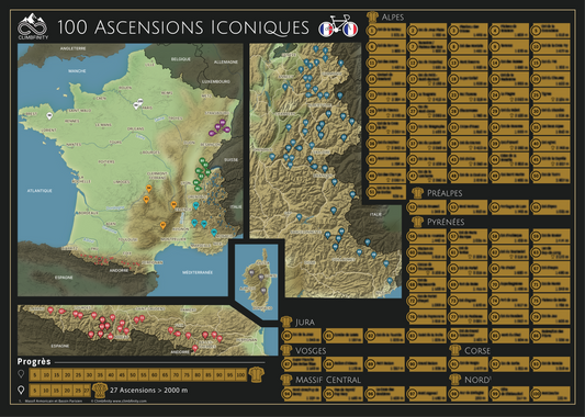 100 Ascensions Iconiques - France cycling scratch map (A2 format)