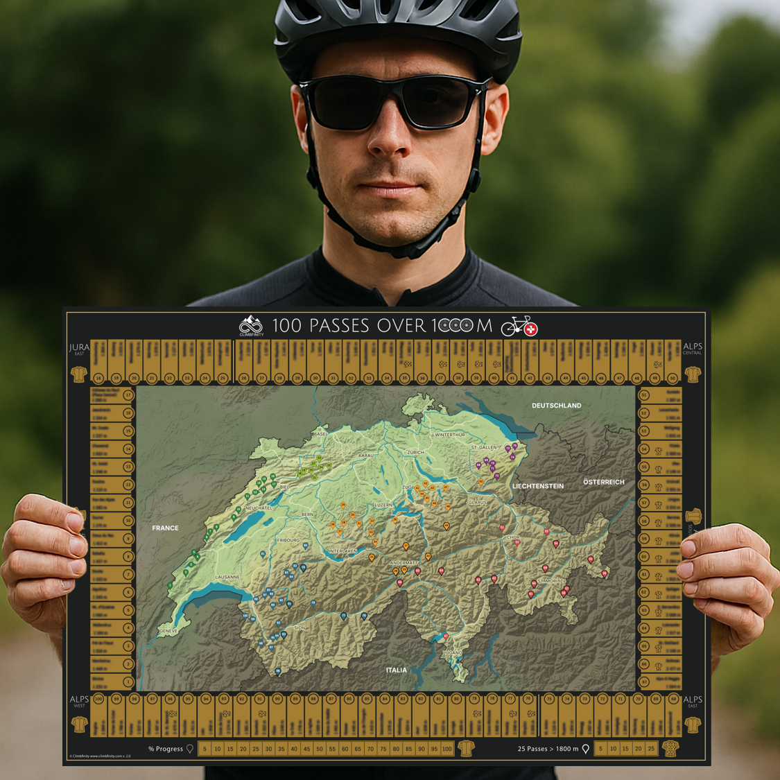 Mappa gratta e scopri per ciclisti - 100 Passi Challenge, Svizzera